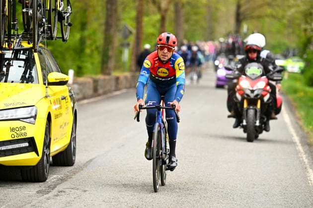 La Fleche Wallonne 2025 cycling race HUY, BELGIUM - APRIL 23 : Mosca Jacopo (ITA) of Lidl - Trek in action during the Men Elite UCI 1.Pro 89th A.S.O. La Fleche Wallonne cycling race with start in Ciney and finish in Huy (205,2 km) on April 23, 2025 in Huy, Belgium, 23 04 2025 ( Motordriver Guy De Vuyst & Huy Belgium  Copyright: xTomasxSiskx