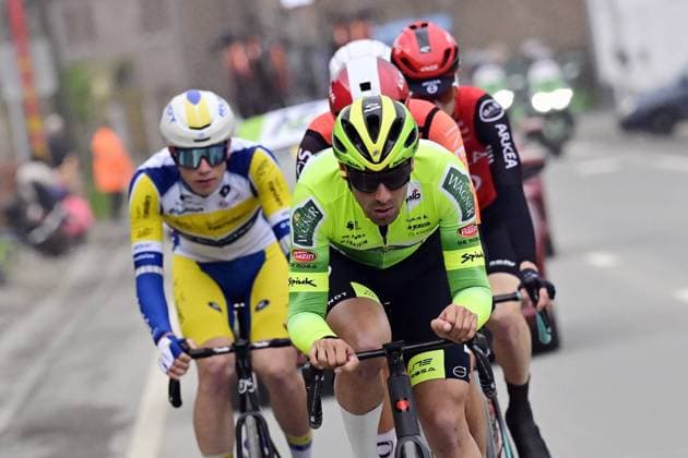 Belgian Tom Paquot of Intermarche-Wanty, Belgian Siebe Deweirdt of Team Flanders Baloise, Belgian Criel Desal of Wagner Bazin WB, French Simon Guglielmi of Arkea-BB Hotels and American Artem Shmidt of Ineos Grenadiers pictured in action during the men s race of the La Fleche Wallonne , one day cycling race (Waalse Pijl - Walloon Arrow), 205,2 km from Ciney to Huy, Wednesday 23 April 2025. DIRKxWAEM  x121625297x