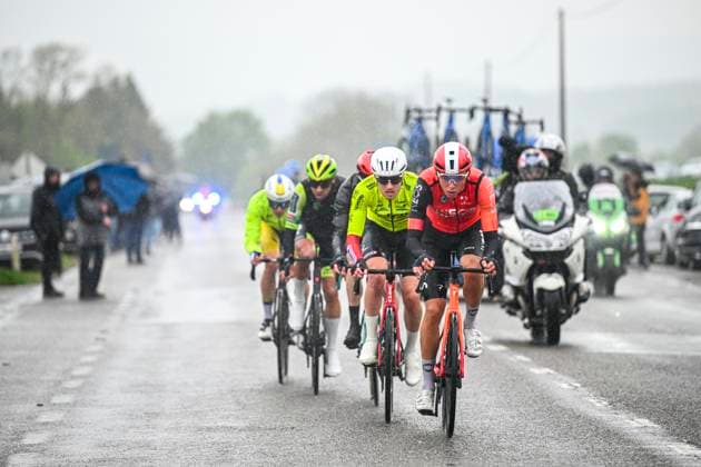 La Fleche Wallonne 2025 cycling race HUY, BELGIUM - APRIL 23 : Shmidt Artem (USA) of INEOS Grenadiers leading the escape pack during the Men Elite UCI 1.Pro 89th A.S.O. La Fleche Wallonne cycling race with start in Ciney and finish in Huy (205,2 km) on April 23, 2025 in Huy, Belgium, 23 04 2025 ( Motordriver Guy De Vuyst & Huy Belgium  Copyright: xTomasxSiskx