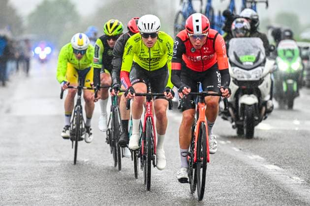 La Fleche Wallonne 2025 cycling race HUY, BELGIUM - APRIL 23 : Shmidt Artem (USA) of INEOS Grenadiers leading the escape pack, Desal Ceriel (BEL) of Wagner Bazin WB during the Men Elite UCI 1.Pro 89th A.S.O. La Fleche Wallonne cycling race with start in Ciney and finish in Huy (205,2 km) on April 23, 2025 in Huy, Belgium, 23 04 2025 ( Motordriver Guy De Vuyst & Huy Belgium  Copyright: xTomasxSiskx