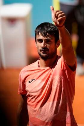 Mutua Madrid Open - Previews Mariano Navone celebrates the victory after winning the match between the french Giovanni Mpethsi Perricard and the argentinean Mariano Navone of the Mutua Madrid Open 2025, ATP, Tennis Herren Masters 1000 and WTA, Tennis Damen 1000, tournament celebrates at Caja Magica on April 23, 2025 in Madrid, Spain. Madrid Spain  Copyright: xJosexBretonx originalFilename:bretonhernandez-mutuamad250423_nphd3.jpg
