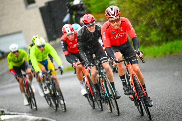 La Fleche Wallonne 2025 cycling race HUY, BELGIUM - APRIL 23 : Foss Tobias (NOR) of INEOS Grenadiers leading the escape pack during the Men Elite UCI 1.Pro 89th A.S.O. La Fleche Wallonne cycling race with start in Ciney and finish in Huy (205,2 km) on April 23, 2025 in Huy, Belgium, 23 04 2025 ( Motordriver Guy De Vuyst & Huy Belgium  Copyright: xTomasxSiskx