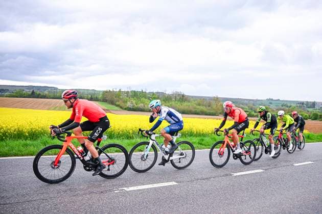 La Fleche Wallonne 2025 cycling race HUY, BELGIUM - APRIL 23 : Foss Tobias (NOR) of INEOS Grenadiers, Shmidt Artem (USA) of INEOS Grenadiers, Stannard Robert (AUS) of Bahrain - Victorious, Desal Ceriel (BEL) of Wagner Bazin WB in the escape pack during the Men Elite UCI 1.Pro 89th A.S.O. La Fleche Wallonne cycling race with start in Ciney and finish in Huy (205,2 km) on April 23, 2025 in Huy, Belgium, 23 04 2025 ( Motordriver Guy De Vuyst & Huy Belgium  Copyright: xTomasxSiskx