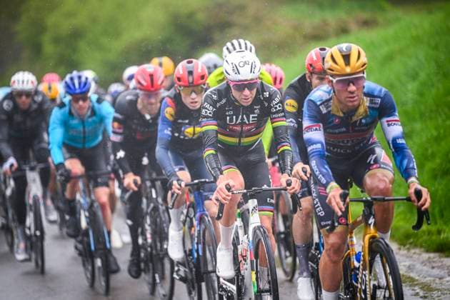 La Fleche Wallonne 2025 cycling race HUY, BELGIUM - APRIL 23 : Evenepoel Remco (BEL) of Soudal - Quick Step, Pogacar Tadej (SLO) of UAE Team Emirates - XRG in action during the Men Elite UCI 1.Pro 89th A.S.O. La Fleche Wallonne cycling race with start in Ciney and finish in Huy (205,2 km) on April 23, 2025 in Huy, Belgium, 23 04 2025 ( Motordriver Guy De Vuyst & Huy Belgium  Copyright: xTomasxSiskx