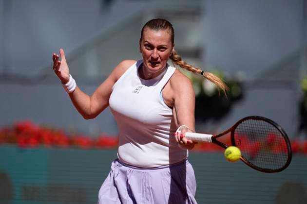 April 23, 2025, Madrid, Spain: PETRA KVITOVA of the Czech Republic in action against K. Volynets of the USA during their round of 128 match at the Mutua Madrid Open 2025, ATP, Tennis Herren Masters 1000 and WTA, Tennis Damen 1000, tennis tournament celebrated at Caja Magica in Madrid, Spain. Volynets won 6:4, 6:0. Madrid Spain - ZUMAa181 20250423_zaa_a181_037 Copyright: xOscarxJ.xBarrosox