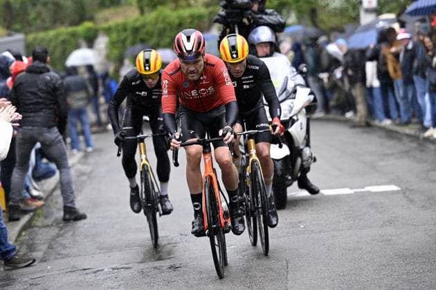 Norwegian Tobias Svendsen Foss of Ineos Grenadiers, Norwegian Fredrik Dversnes of Uno-X Mobility and Norwegian Andreas Leknessund of Uno-X Mobility pictured in action the climb of the Mur de Huy during the men s race of the La Fleche Wallonne , one day cycling race (Waalse Pijl - Walloon Arrow), 205,2 km from Ciney to Huy, Wednesday 23 April 2025. DIRKxWAEM  x121643771x