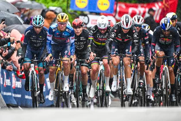 La Fleche Wallonne 2025 cycling race HUY, BELGIUM - APRIL 22 : Evenepoel Remco (BEL) of Soudal - Quick Step, Pogacar Tadej (SLO) of UAE Team Emirates - XRG in action during the Men Elite UCI 1.Pro 89th A.S.O. La Fleche Wallonne cycling race with start in Ciney and finish in Huy (205,2 km) on April 22, 2025 in Huy, Belgium, 22 04 2025 Huy Belgium  Copyright: xVincentxKalutx