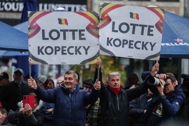 Cycling UCI World Tour Women Elite La Fleche Wallonne Femmes on 23 04 2025 in Huy Fans hold signs with the inscription Lotte Kopecky xJRx