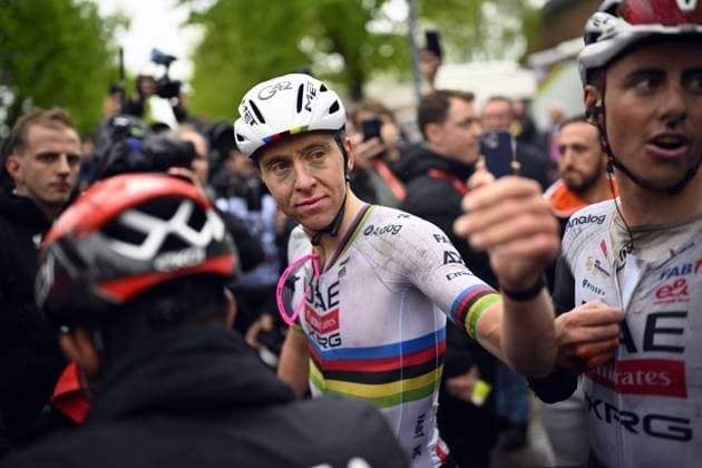 Slovenian Tadej Pogacar of UAE Team Emirates celebrates after winning the men s race of the La Fleche Wallonne , one day cycling race (Waalse Pijl - Walloon Arrow), 205,2 km from Ciney to Huy, Wednesday 23 April 2025. JASPERxJACOBS  x121649869x