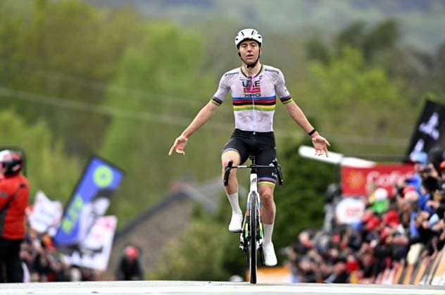 Slovenian Tadej Pogacar of UAE Team Emirates celebrates after winning the men s race of the La Fleche Wallonne , one day cycling race (Waalse Pijl - Walloon Arrow), 205,2 km from Ciney to Huy, Wednesday 23 April 2025. JASPERxJACOBS  x121651364x