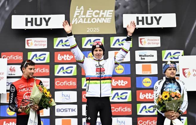 French Kevin Vauquelin of Arkea-BB Hotels, Slovenian Tadej Pogacar of UAE Team Emirates and British Thomas Pidcock of Q36.5 Pro Cycling Team celebrate on the podium of the men s race of the La Fleche Wallonne , one day cycling race (Waalse Pijl - Walloon Arrow), 205,2 km from Ciney to Huy, Wednesday 23 April 2025. JASPERxJACOBS  x121653072x