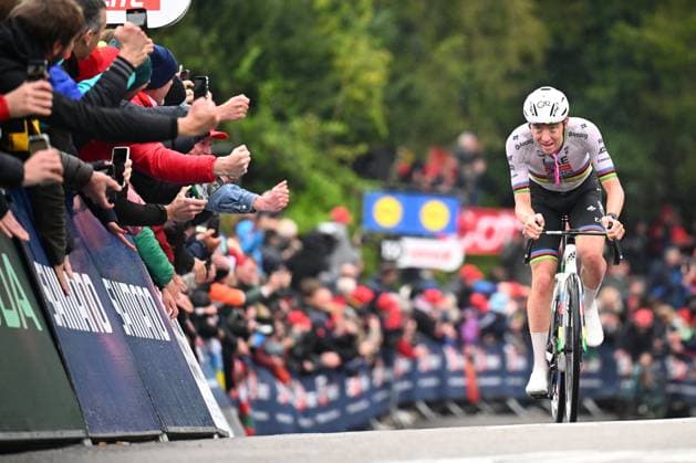 La Fleche Wallonne 2025 cycling race HUY, BELGIUM - APRIL 23 : Pogacar Tadej (SLO) of UAE Team Emirates - XRG at the finish line during the Men Elite UCI 1.Pro 89th A.S.O. La Fleche Wallonne cycling race with start in Ciney and finish in Huy (205,2 km) on April 23, 2025 in Huy, Belgium, 23 04 2025 ( Motordriver Guy De Vuyst & Huy Belgium  Copyright: xTomasxSiskx