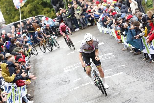 La Fleche Wallonne 2025 cycling race HUY, BELGIUM - APRIL 23 : Pogacar Tadej (SLO) of UAE Team Emirates - XRG in action during the Men Elite UCI 1.Pro 89th A.S.O. La Fleche Wallonne cycling race with start in Ciney and finish in Huy (205,2 km) on April 23, 2025 in Huy, Belgium, 23 04 2025 ( Motordriver Guy De Vuyst & Huy Belgium  Copyright: xEtiennexGarnierx