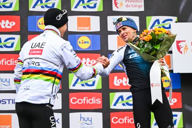 La Fleche Wallonne 2025 cycling race HUY, BELGIUM - APRIL 23 : Pogacar Tadej (SLO) of UAE Team Emirates - XRG, Pidcock Thomas (GBR) GBR of Q36.5 Pro Cycling Team on the podium during the Men Elite UCI 1.Pro 89th A.S.O. La Fleche Wallonne cycling race with start in Ciney and finish in Huy (205,2 km) on April 23, 2025 in Huy, Belgium, 23 04 2025 ( Motordriver Guy De Vuyst & Huy Belgium  Copyright: xVincentxKalutx