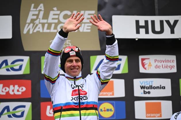 La Fleche Wallonne 2025 cycling race HUY, BELGIUM - APRIL 23 : Pogacar Tadej (SLO) of UAE Team Emirates - XRG on the podium during the Men Elite UCI 1.Pro 89th A.S.O. La Fleche Wallonne cycling race with start in Ciney and finish in Huy (205,2 km) on April 23, 2025 in Huy, Belgium, 23 04 2025 ( Motordriver Guy De Vuyst & Huy Belgium  Copyright: xVincentxKalutx