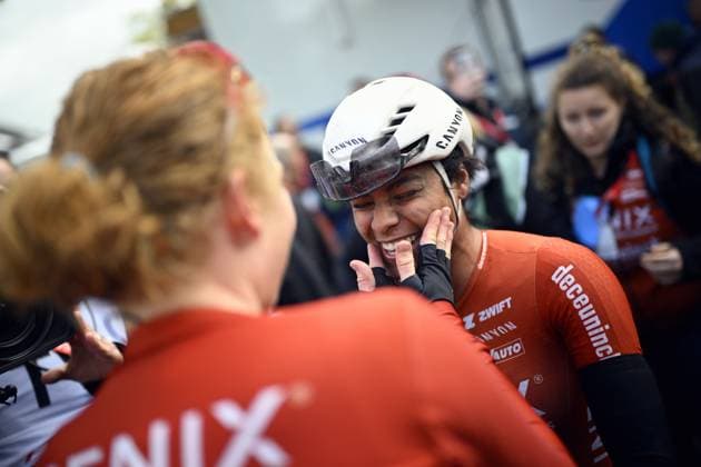 Dutch Puck Pieterse of Fenix-Deceuninck, del av and Dutch Ceylin Del Carmen Alvarado of Fenix-Deceuninck celebrate after winning the women s race of the La Fleche Wallonne , one day cycling race (Waalse Pijl - Walloon Arrow), 140,7 km from Ciney to Huy, Wednesday 23 April 2025. JASPERxJACOBS  x121661392x