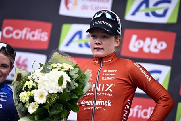 Dutch Puck Pieterse of Fenix-Deceuninck celebrates on the podium after winning the women s race of the La Fleche Wallonne , one day cycling race (Waalse Pijl - Walloon Arrow), 140,7 km from Ciney to Huy, Wednesday 23 April 2025. JASPERxJACOBS  x121662905x