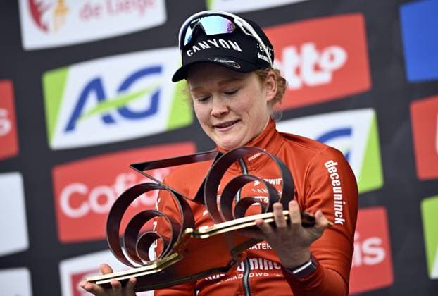 Dutch Puck Pieterse of Fenix-Deceuninck celebrates on the podium after winning the women s race of the La Fleche Wallonne , one day cycling race (Waalse Pijl - Walloon Arrow), 140,7 km from Ciney to Huy, Wednesday 23 April 2025. JASPERxJACOBS  x121662930x