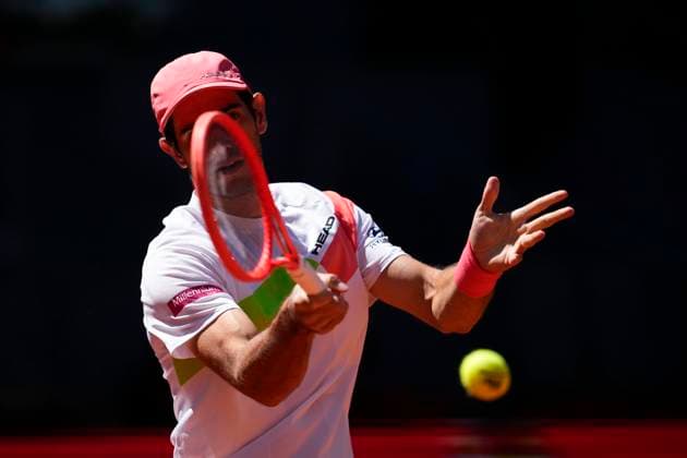 April 23, 2025, Madrid, Madrid, SPAIN: Nuno Borges of Portugal in action against Pablo Carreno of Spain during the Mutua Madrid Open 2025, ATP, Tennis Herren Masters 1000 and WTA, Tennis Damen 1000, tennis tournament celebrated at Caja Magica on April 23, 2025 in Madrid, Spain. Madrid SPAIN - ZUMAa181 20250423_zaa_a181_125 Copyright: xOscarxJ.xBarrosox