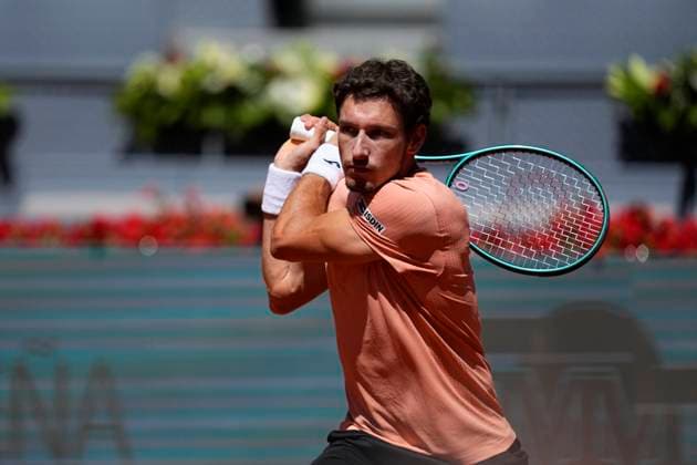 April 23, 2025, Madrid, Madrid, SPAIN: Pablo Carreno of Spain in action against Nuno Borges of Portugal during the Mutua Madrid Open 2025, ATP, Tennis Herren Masters 1000 and WTA, Tennis Damen 1000, tennis tournament celebrated at Caja Magica on April 23, 2025 in Madrid, Spain. Madrid SPAIN - ZUMAa181 20250423_zaa_a181_128 Copyright: xOscarxJ.xBarrosox
