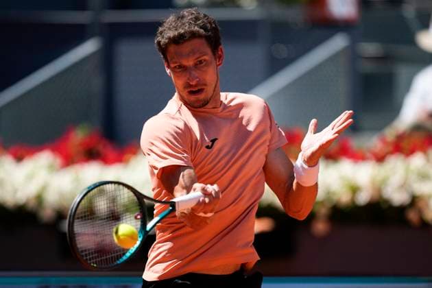 April 23, 2025, Madrid, Madrid, SPAIN: Pablo Carreno of Spain in action against Nuno Borges of Portugal during the Mutua Madrid Open 2025, ATP, Tennis Herren Masters 1000 and WTA, Tennis Damen 1000, tennis tournament celebrated at Caja Magica on April 23, 2025 in Madrid, Spain. Madrid SPAIN - ZUMAa181 20250423_zaa_a181_131 Copyright: xOscarxJ.xBarrosox