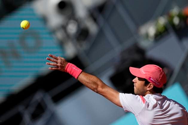 April 23, 2025, Madrid, Madrid, SPAIN: Nuno Borges of Portugal in action against Pablo Carreno of Spain during the Mutua Madrid Open 2025, ATP, Tennis Herren Masters 1000 and WTA, Tennis Damen 1000, tennis tournament celebrated at Caja Magica on April 23, 2025 in Madrid, Spain. Madrid SPAIN - ZUMAa181 20250423_zaa_a181_135 Copyright: xOscarxJ.xBarrosox