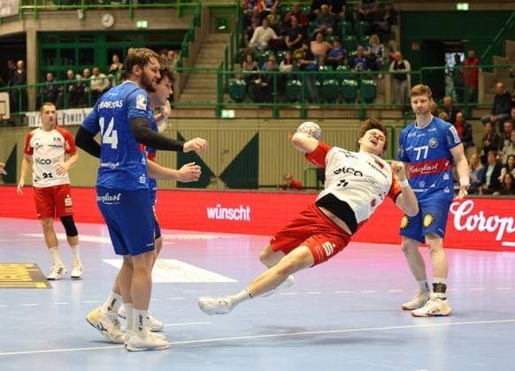 v l Jerome Mueller HBW Balingen Weilstetten 21 , Gerdas Barbarskas Bergischer HC 14 , Bennet Strobel HBW Balingen Weilstetten 11 , Johannes Wasielewski Bergischer HC 77 Bergischer HC 06 vs HBW Balingen Weilstetten, Handball, 2 HBL, Season 2024 2025, 23 04 2025 Bergischer HC 06 vs HBW Balingen Weilstetten, Handball, 2 HBL, Season 2024 2025, 23 04 2025 Wuppertal Copyright: xEibner-Pressefoto ThomasxStoeckex EP_TSR