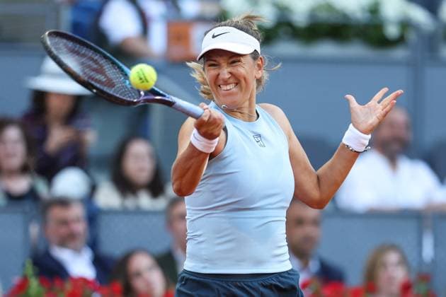 April 23, 2025, Madrid, Madrid, SPAIN: Victoria Azarenka of Belarus in action against Olga Danilovic of Serbia during the Mutua Madrid Open 2025, ATP, Tennis Herren Masters 1000 and WTA, Tennis Damen 1000, tennis tournament celebrated at Caja Magica on April 23, 2025 in Madrid, Spain. Madrid SPAIN - ZUMAa181 20250423_zaa_a181_244 Copyright: xIrinaxR.xHipolitox