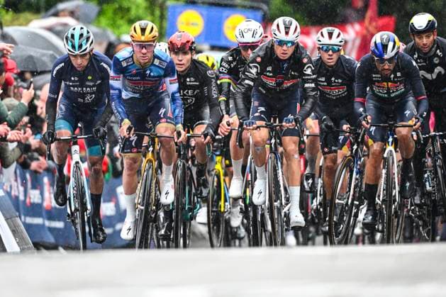 La Fleche Wallonne 2025 cycling race HUY, BELGIUM - APRIL 23 : Evenepoel Remco (BEL) of Soudal - Quick Step, Vansevenant Mauri (BEL) of Soudal - Quick Step, Pogacar Tadej (SLO) of UAE Team Emirates - XRG during the Men Elite UCI 1.Pro 89th A.S.O. La Fleche Wallonne cycling race with start in Ciney and finish in Huy (205,2 km) on April 23, 2025 in Huy, Belgium, 23 04 2025 Huy Belgium  Copyright: xVincentxKalutx