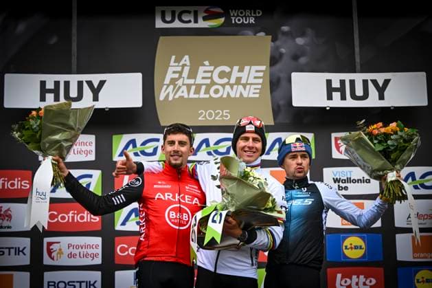 La Fleche Wallonne 2025 cycling race HUY, BELGIUM - APRIL 23 : Vauquelin Kevin (FRA) of Arkea - B&B Hotels, Pogacar Tadej (SLO) of UAE Team Emirates - XRG, Pidcock Thomas (GBR) GBR of Q36.5 Pro Cycling Team during the podium ceremony after the Men Elite UCI 1.Pro 89th A.S.O. La Fleche Wallonne cycling race with start in Ciney and finish in Huy (205,2 km) on April 23, 2025 in Huy, Belgium, 23 04 2025 Huy Belgium  Copyright: xVincentxKalutx
