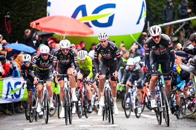 La Fleche Wallonne 2025 cycling race HUY, BELGIUM - APRIL 23 : Riders of UAE Team Emirates during the Men Elite UCI 1.Pro 89th A.S.O. La Fleche Wallonne cycling race with start in Ciney and finish in Huy (205,2 km) on April 23, 2025 in Huy, Belgium, 23 04 2025 ( Motordriver Guy De Vuyst &  Copyright: xTomasxSiskx