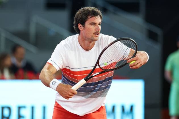 April 23, 2025, Madrid, Madrid, SPAIN: Borna Gojo of Croatia in action against Gael Monfils of France during the Mutua Madrid Open 2025, ATP, Tennis Herren Masters 1000 and WTA, Tennis Damen 1000, tennis tournament celebrated at Caja Magica on April 23, 2025 in Madrid, Spain. Madrid SPAIN - ZUMAa181 20250423_zaa_a181_357 Copyright: xIrinaxR.xHipolitox