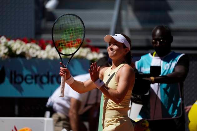 April 23, 2025, Madrid, Madrid, SPAIN: Katie Volynets of USA reacts after winning against Petra Kvitova of Czech Republic during the Mutua Madrid Open 2025, ATP, Tennis Herren Masters 1000 and WTA, Tennis Damen 1000, tennis tournament celebrated at Caja Magica on April 23, 2025 in Madrid, Spain. Madrid SPAIN - ZUMAOpen 20250423_zaa_a181_117 Copyright: xOscarxJ.xBarrosox