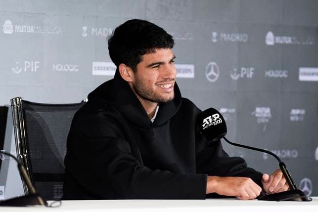 April 24, 2025, Madrid, Madrid, Spain: Carlos Alcaraz of Spain attends his press conference, PK, Pressekonferenz during the Mutua Madrid Open 2025, ATP, Tennis Herren Masters 1000 and WTA, Tennis Damen 1000 tennis tournament, celebrated at Caja Magica on April 24, 2025 in Madrid, Spain. Madrid Spain - ZUMAa181 20250424_zaa_a181_029 Copyright: xOscarxJ.xBarrosox
