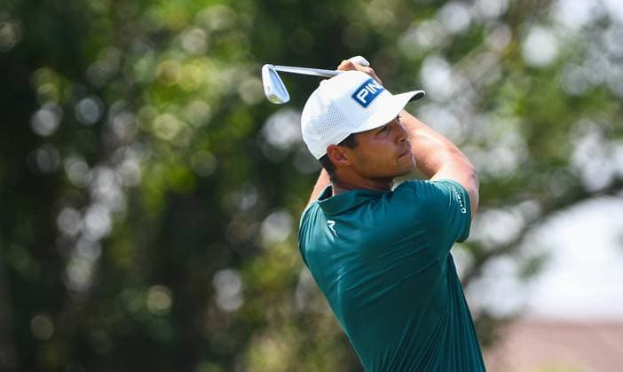 (250424) -- HAIKOU, April 24, 2025 -- Johannes Veerman of the United States hits his tee shot during the round 1 at the Hainan Classic golf tournament of the DP World Tour in Haikou, south China s Hainan Province, April 24, 2025. ) (SP)CHINA-HAIKOU-GOLF-DP WORLD TOUR-HAINAN CLASSIC-ROUND 1 (CN) YangxGuanyu 