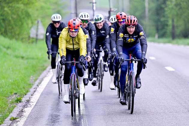 Liege Bastogne Liege 2025 Training 24 04 2025 Liege, Belgium - April 24 : Riders of Lidl - Trek during a training session prior to the 111 edition of Liege Bastogne Liege a cycling race of 252 kms with start in Liege and finish in Liege on April 24, 2025 in Liege, Belgium, 24 04 2025 ( Motordriver Guy De Vuyst - Liege Belgium  Copyright: xSesx
