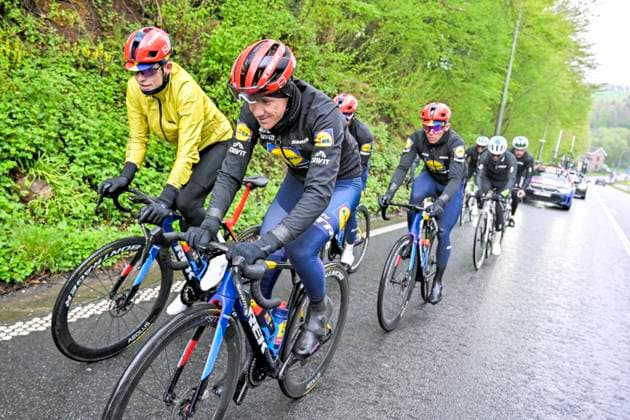 Liege Bastogne Liege 2025 Training 24 04 2025 Liege, Belgium - April 24 : Riders of Lidl - Trek during a training session prior to the 111 edition of Liege Bastogne Liege a cycling race of 252 kms with start in Liege and finish in Liege on April 24, 2025 in Liege, Belgium, 24 04 2025 ( Motordriver Guy De Vuyst - Liege Belgium  Copyright: xSesx