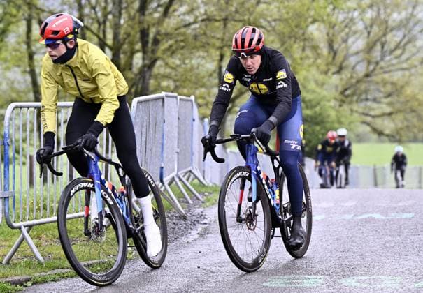 Danish Mattias Skjelmose Jensen of Lidl-Trek and Austrian Patrick Konrad of Lidl-Trek pictured in action during a training and track reconnaissance session, on the Cote de la Redoute , in Remouchamps, Aywaille, ahead of the Liege-Bastogne-Liege one day cycling race, Thursday 24 April 2025. ERICxLALMAND  x121750458x