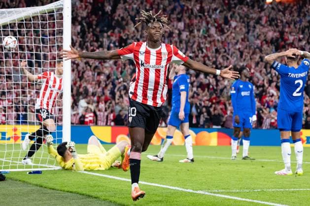 Athletic Club v Rangers FC. UEFA Europa League match, Semi-finals, second leg. Nico Williams of Athletic Club during the UEFA Europa League match, Semi-finals, second leg between Athletic Club and Rangers FC played at San Mames Stadium on 17 April 2025 in Bilbao, Spain. kpng Copyright: xMarcosxCalvox xPRESSINPHOTOx MC_240417_ATH_RAN_409