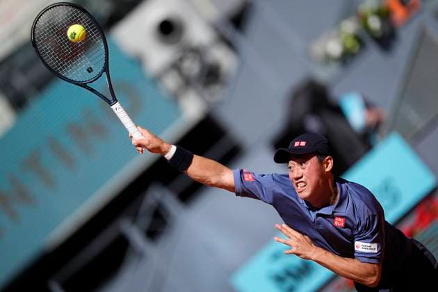 April 24, 2025, Madrid, Madrid, Spain: Kei Nishikori of Japan in action against Aleksandar Vukic of Australia during the Mutua Madrid Open 2025, ATP, Tennis Herren Masters 1000 and WTA, Tennis Damen 1000 tennis tournament, celebrated at Caja Magica on April 24, 2025 in Madrid, Spain. Madrid Spain - ZUMAOpen 20250424_zaa_a181_002 Copyright: xOscarxJ.xBarrosox