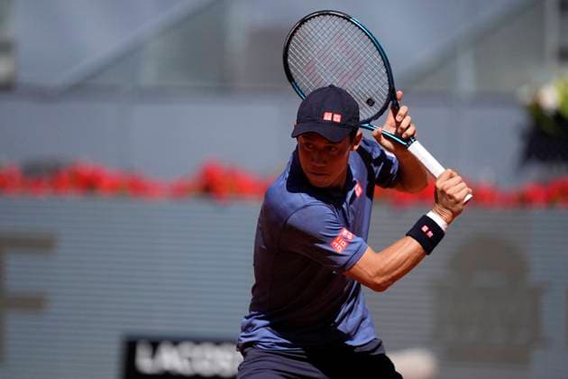 April 24, 2025, Madrid, Madrid, Spain: Kei Nishikori of Japan in action against Aleksandar Vukic of Australia during the Mutua Madrid Open 2025, ATP, Tennis Herren Masters 1000 and WTA, Tennis Damen 1000 tennis tournament, celebrated at Caja Magica on April 24, 2025 in Madrid, Spain. Madrid Spain - ZUMAOpen 20250424_zaa_a181_008 Copyright: xOscarxJ.xBarrosox
