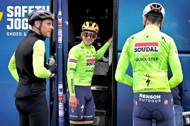 Liege Bastogne Liege 2025 Training 25 04 2025 Liege, Belgium - April 25 : Evenepoel Remco (BEL) of Soudal - Quick Step and Gilbert Philippe (BEL) former rider pictured during a training session prior to the 111 edition of Liege Bastogne Liege a cycling race of 252 kms with start in Liege and finish in Liege on April 25, 2025 in Liege, Belgium, 25 04 2025 ( Motordriver Guy De Vuyst - Liege Belgium  Copyright: xSesx