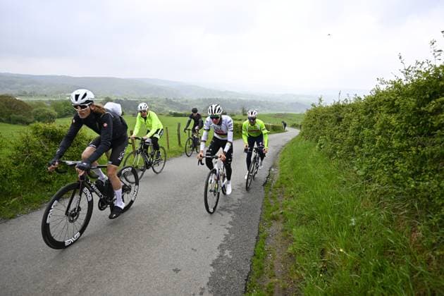 Slovenian Tadej Pogacar of UAE Team Emirates (C) pictured during a training and track reconnaissance session, on the Cote de la Redoute , in Remouchamps, Aywaille, ahead of the Liege-Bastogne-Liege one day cycling race, Friday 25 April 2025. ERICxLALMAND  x121809826x