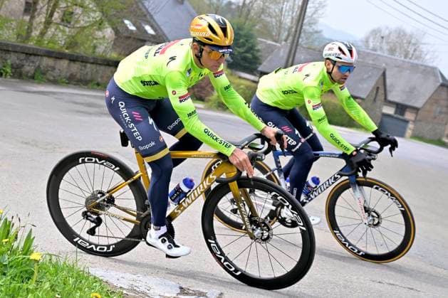 Liege Bastogne Liege 2025 Training 25 04 2025 Liege, Belgium - April 25 : Evenepoel Remco (BEL) of Soudal - Quick Step and Schachmann Maximilian (DEU) of Soudal - Quick Step pictured during a training session prior to the 111 edition of Liege Bastogne Liege a cycling race of 252 kms with start in Liege and finish in Liege on April 25, 2025 in Liege, Belgium, 25 04 2025 ( Motordriver Guy De Vuyst - Liege Belgium  Copyright: xSesx