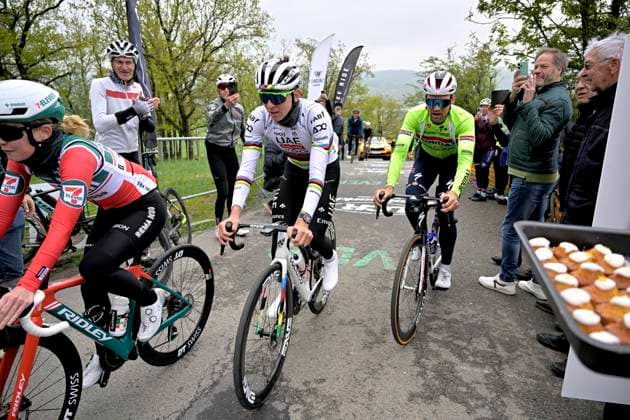 Liege Bastogne Liege 2025 Training 25 04 2025 Liege, Belgium - April 25 : Pogacar Tadej (SLO) of UAE Team Emirates - XRG and Schachmann Maximilian (DEU) of Soudal - Quick Step on La Redoute climb pictured during a training session prior to the 111 edition of Liege Bastogne Liege a cycling race of 252 kms with start in Liege and finish in Liege on April 25, 2025 in Liege, Belgium, 25 04 2025 ( Motordriver Guy De Vuyst - Liege Belgium  Copyright: xSesx