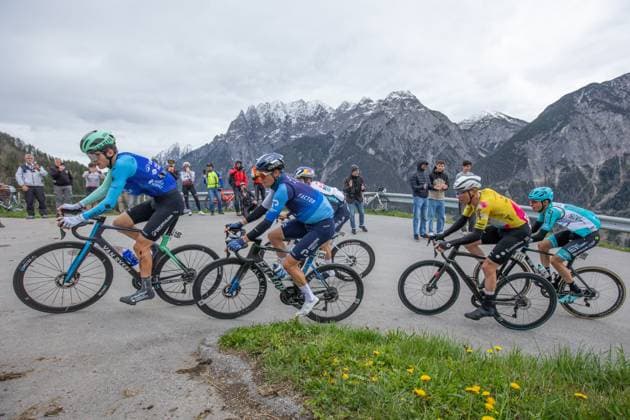 CYCLING - Tour of the Alps 2025 LIENZ,AUSTRIA,25.APR.25 - CYCLING - Tour of the Alps, stage 5, Lienz - Lienz. Image shows Paul Seixas (FRA Decathlon AG2R la Mondiale), Jakob Fuglsang (DEN Israel-Premier Tech), Daniel Geismayr (AUT Team Vorarlberg) and Manuele Tarozzi (ITA VF Group-Bardiani CSF-Faizane).  GEPAxpictures xDavidxGeieregger