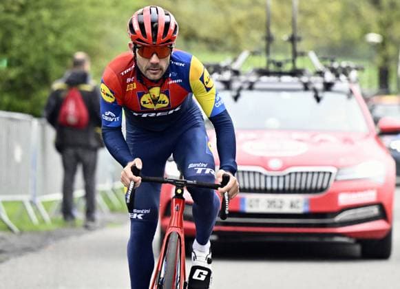 Lidl-Trek sports director Maxime Monfort pictured in action during a training and track reconnaissance session, on the Cote de la Redoute , in Remouchamps, Aywaille, ahead of the Liege-Bastogne-Liege one day cycling race, Friday 25 April 2025. ERICxLALMAND  x121813426x