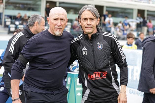 Rolando Maran (Brescia Calcio head coach) Filippo Inzaghi (head coach Pisa SC) during the Serie Bkt match between Brescia and Pisa at the Mario Rigamonti Stadium, Friday, Apr. 25, 2025. Sports - Soccer.  Copyright: xStefanoxNicoli LaPressex