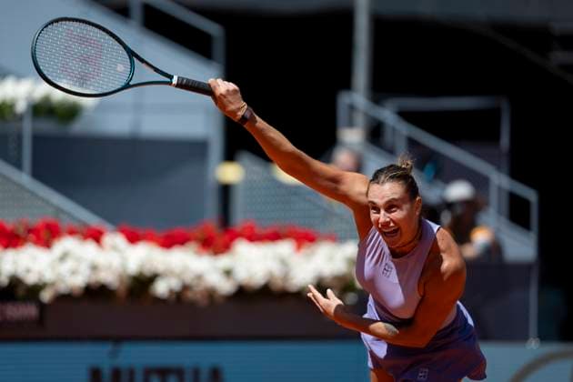 Mutua Madrid Open 2025 Aryna Sabalenka of Belarus plays a forehand against Anna Blinkova during the second round match of the Mutua Madrid Open 2025 tournament celebrated at La Caja Magica on April 25, 2025 in Madrid, Spain. Madrid La Caja Magica Madrid Spain Copyright: xAlbertoxGardinx AGardin_20250425_Mutua_Madrid_Open_10168