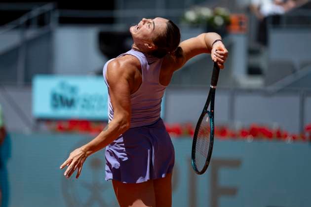 Mutua Madrid Open 2025 Aryna Sabalenka of Belarus serves the ball against Anna Blinkova during the second round match of the Mutua Madrid Open 2025 tournament celebrated at La Caja Magica on April 25, 2025 in Madrid, Spain. Madrid La Caja Magica Madrid Spain Copyright: xAlbertoxGardinx AGardin_20250425_Mutua_Madrid_Open_10173